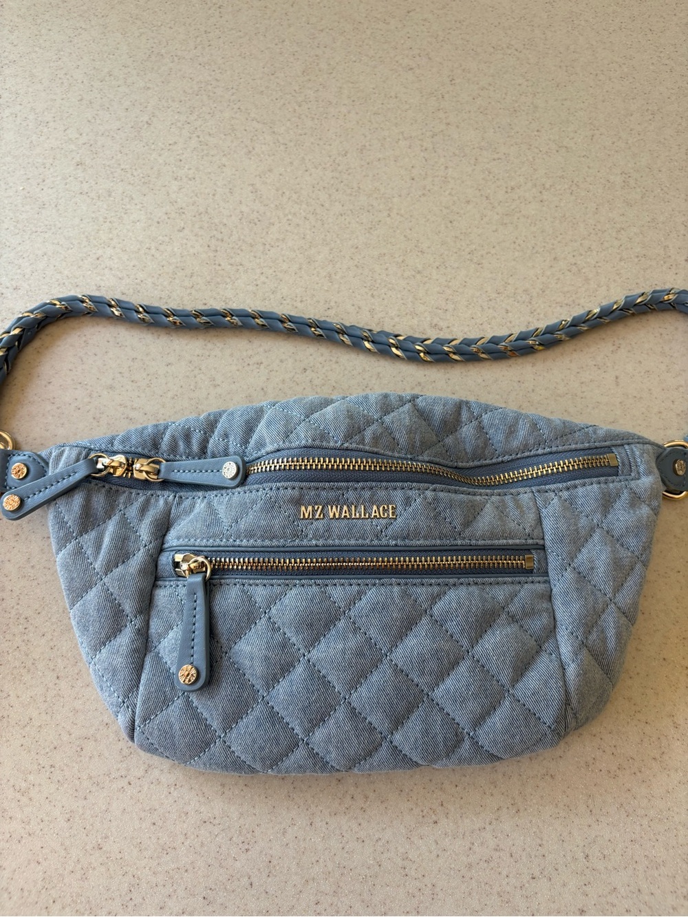 MZ Wallace Quilted Light Blue Crossbody Belt Bag with Gold Hardware - Picture 6 of 11